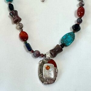 Jay King Sterling Silver Multi-Gemstone Pendant Necklace – Jasper & Amber - DTR
